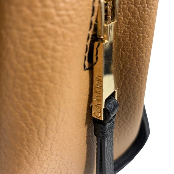 Calvin Klein Black Metallic Gold Tan Structured Satchel Buckle Lock Key EUC - Picture 9 of 16
